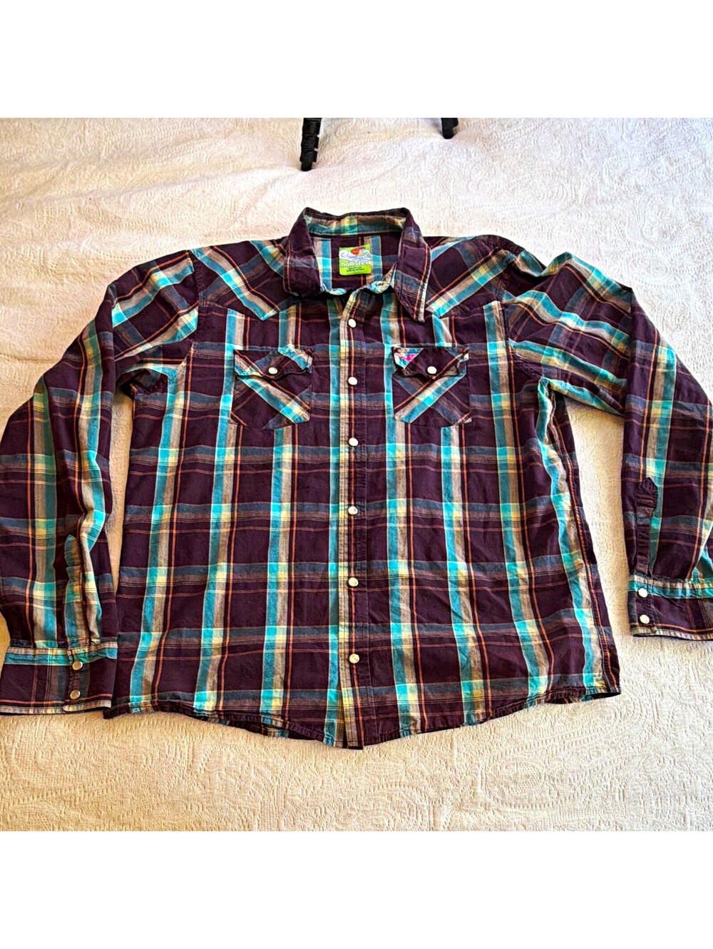 Hollister Men's 2XL Purple Blue Tan Plaid Cotton Woven Snap Shirt Pockets
